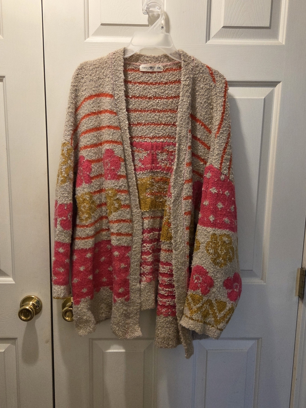 NATURAL LIFE Beige Cardigan with Pink and Gold Pattern